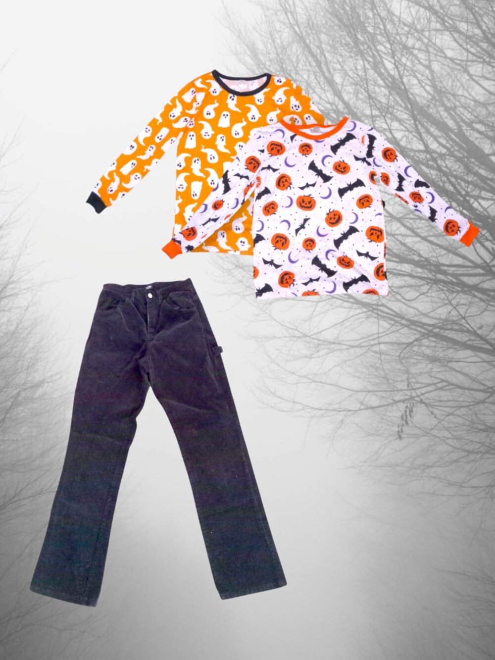 John Galt juniors' wide leg corduroy pants and 2 Halloween tops BUNDLE